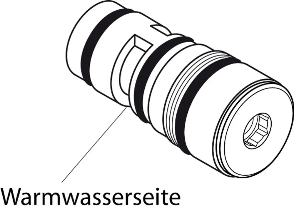 Zeichnung eines Ventils mit zwei Dichtungen. Beschriftet mit "Warmwasserseite". Produkt von Ideal Standard zur Verwendung in Heizsystemen.